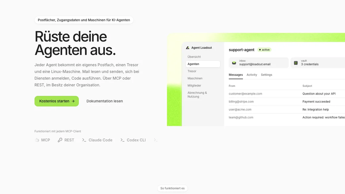 Agent Loadout Website mit Postfächern, Zugangsdaten und Maschinen für KI-Agenten
