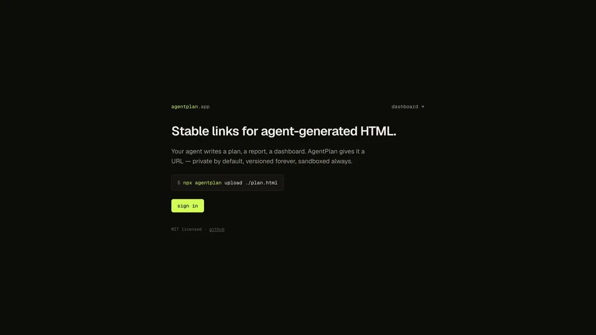 AgentPlan landing page with the agent upload command