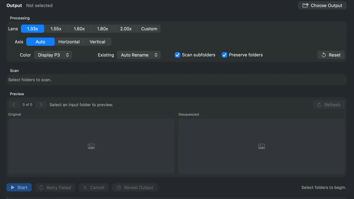 PhotoDesqueeze macOS Batch-Desqueeze Interface